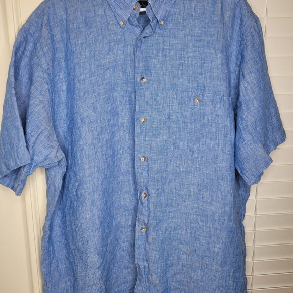 Paul Fredrick Mens Blue Button-Down Shirt XL 100% Linen Short Sleeve Casual - Picture 1 of 5